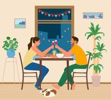 couple en train de dîner romantique à la maison. homme et femme assis à table avec des collations tintant des verres de vin près de la fenêtre avec la ville de nuit. illustration vectorielle.