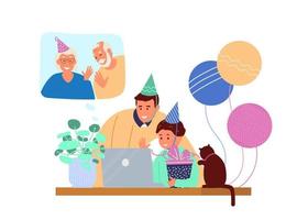 fête d'anniversaire d'enfant en ligne. papa avec enfant dans des chapeaux d'anniversaire avec boîte-cadeau devant un ordinateur portable parlant aux grands-parents par chat vidéo. illustration vectorielle plane. vecteur