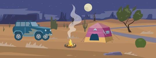 illustration vectorielle plate du panorama du camp de nuit du désert. tente et voiture hors route près d'un feu de camp. vecteur