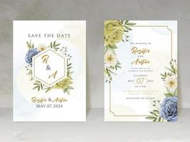 carte d'invitation de mariage élégante avec des fleurs bleues et jaunes vecteur