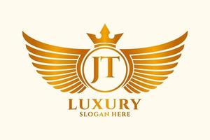 lettre d'aile royale de luxe jt crête logo couleur or vecteur, logo de victoire, logo de crête, logo d'aile, modèle de logo vectoriel. vecteur