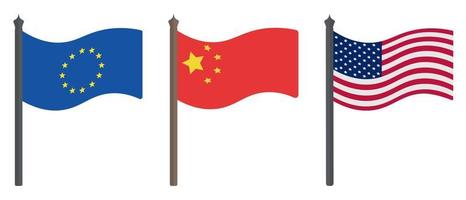 drapeau de l'union européenne, de la chine et des états-unis. ensemble d'illustrations vectorielles de couleur. symboles des États. thèmes politiques. style plat. signe national. fond isolé. idée pour la conception de sites Web. vecteur