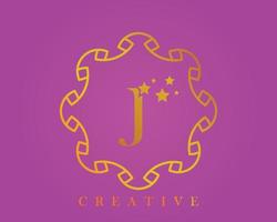 logo de conception créative, alphabet j, lettre 5 étoiles, étiquette, icône, pour l'emballage, la conception de produits de luxe. fait avec de l'or sur un fond texturé violet clair. vecteur