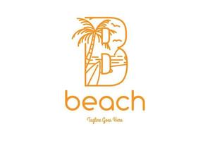 lettre b avec palmier vague coucher de soleil sur la mer et planche de surf pour la conception de logo de vacances voyage surf plage vecteur