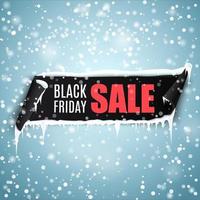 fond de vente vendredi noir avec bannière de ruban réaliste noir, glaçons et neige. vecteur