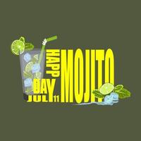 affiche de la journée nationale du mojito du 11 juillet. verre de mojito au citron vert, menthe, dessin vectoriel de glace.