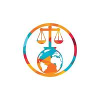 concept de logo de tribunal international et de cour suprême. échelles sur la conception d'icône de globe. vecteur