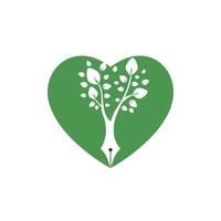 modèle de conception de logo vectoriel stylo arbre. concept de logo d'amour et de nature d'écrivain.