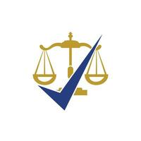 création de logo vectoriel de cabinet d'avocats. échelle de loi avec la conception de vecteur d'icône de signe de contrôle.