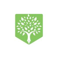 concept de logo d'assurance et de soutien à l'éducation. stylo et logo d'icône d'arbre humain. vecteur