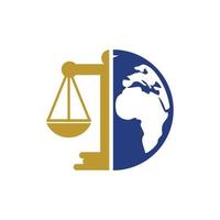 concept de logo de tribunal international et de cour suprême. échelles sur la conception d'icône de globe. vecteur