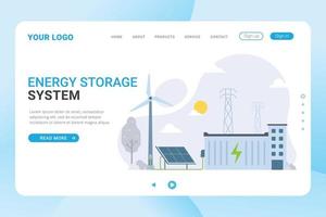 modèle de page de destinationsystème de stockage d'énergie utilisant des batteries provenant d'une source d'électricité durable et respectueuse de l'environnement modèle de page de destination vecteur