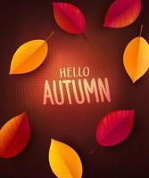 modèle d'affiche ou de bannière d'automne avec des feuilles d'automne colorées sur fond de pull tricoté. salutations et cadeaux pour le concept de saison d'automne et d'automne. vecteur