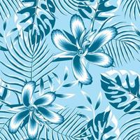 modèle sans couture d'illustration de plantes de jungle exotique monochrome bleu avec des fleurs d'hibiscus abstraites et des feuilles de palmier de monstère sur fond bleu ciel. fond fleuri. conception d'été. imprime la texture vecteur