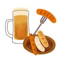 illustration stylisée une chope de bière, avec des saucisses grillées traditionnelles isolées sur fond blanc vecteur