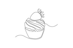 cupcake dessinant une ligne continue avec fraise sur le dessus. notion de desserts. illustration graphique vectorielle de dessin à une seule ligne. vecteur
