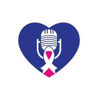 concept de logo d'icône de podcast de sensibilisation au cancer du sein. ruban rose et logo d'icône de podcast. vecteur