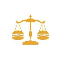 modèle de conception de logo vectoriel de droit alimentaire. balance des lois et conception d'icônes de hamburger.