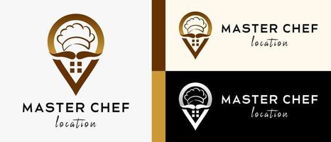 modèle de conception de logo de localisation de restaurant avec concept créatif de chapeau de chef et moustache en icône de broche. carte ou emplacement icône illustration vectorielle, vecteur premium