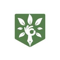 concept de logo d'assurance et de soutien à l'éducation. stylo et logo d'icône d'arbre à main. vecteur