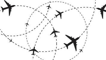 trajectoire de l'avion en forme de ligne pointillée. ensemble d'itinéraires de ligne d'avion. suivi des avions. goupilles de localisation isolées sur fond blanc vecteur
