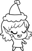 heureux dessin au trait d'une fille elfe portant un bonnet de noel vecteur