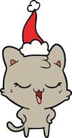 heureux dessin au trait d'un chat portant un bonnet de noel vecteur