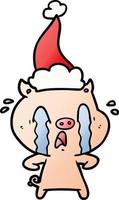 dessin animé dégradé de cochon qui pleure d'un bonnet de noel vecteur