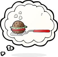 Spatule de dessin animé à bulles de pensée dessinée à main levée avec burger vecteur