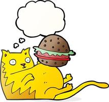 Bulle de pensée dessinée à main levée dessin animé gros chat avec burger vecteur