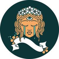 icône de style tatouage avec bannière de visage féminin avec troisième œil mystique pleurant vecteur