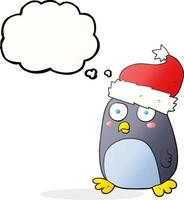 Freehand pensée dessinée bulle cartoon pingouin en chapeau de Noël vecteur
