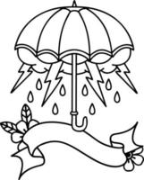 tatouage au trait noir traditionnel avec bannière d'un parapluie vecteur