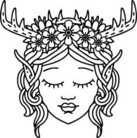 visage de personnage de druide elfe style dessin au trait tatouage noir et blanc vecteur