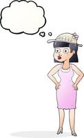 femme de dessin animé à bulle de pensée dessinée à main levée portant un chapeau de soleil vecteur