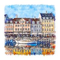 copenhague danemark croquis aquarelle illustration dessinée à la main vecteur