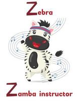 alphabet latin abc professions animales commençant par la lettre z zèbre zamba instructeur en style cartoon. vecteur