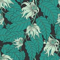 motif gris transparent vectoriel avec des fleurs d'ylang-ylang blanches sur des branches turquoises