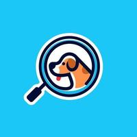 autocollant de logo de tête de chiot de chien pour la compagnie d'animaux de compagnie de recherche avec illustration vectorielle d'icône de loupe minimale dans le style de ligne de dessin animé à la mode vecteur