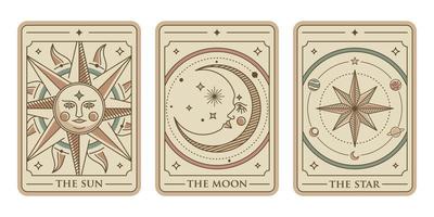 illustration du jeu de cartes de jeu de tarot. le soleil, la lune et le vecteur de carte de tarot d'or étoile. carte de tarot mystique vintage soleil, lune et étoile dans un style d'art en ligne ornemental
