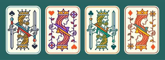 ensemble d'illustrations vectorielles de cartes à jouer roi et reine ensemble de coeurs, bêche, diamant et club, collection de conception de cartes royales vecteur