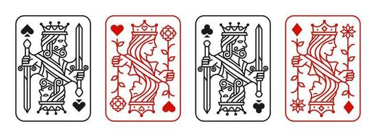 roi et reine jeu d'illustrations vectorielles de cartes à jouer de coeurs, bêche, diamant et club, collection de conception de cartes royales vecteur
