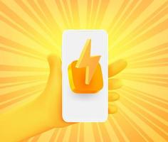 jolie main comique avec icône d'application avec éclair sur smartphone. illustration vectorielle 3d vecteur