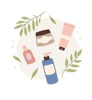ensemble de crèmes, sprays et tubes pour les soins de la peau. icône, logo. beauté. produits nettoyants et hydratants. illustration vectorielle plane. vecteur