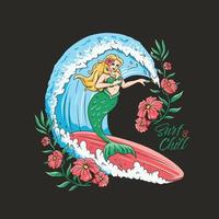 sirène surfant sur l'illustration dessinée à la main tropicale d'été dans les vibrations hawaïennes vecteur