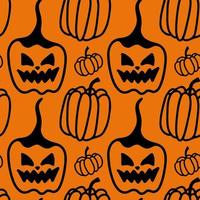 clipart de citrouilles de modèle sans couture d'halloween de vecteur sur l'orange. illustration drôle et mignonne pour le design saisonnier, le textile, la décoration de la salle de jeux pour enfants ou la carte de voeux. impressions dessinées à la main et griffonnage.