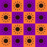 conception d'illustration vectorielle de modèle sans couture. le soleil noir brille dans l'orange et le violet du bloc carré. halloween, automne, tissu, papier, impression, cadeau, tissu, concepts de couverture. vecteur