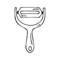 éplucheur d'outils de cuisine doodles. illustration de silhouette noire vectorielle dessinée à la main sur fond blanc. clipart pour le menu du restaurant, le livre de recettes et le papier peint. vecteur