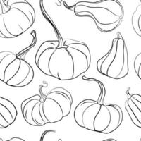 illustration vectorielle de dessin au trait noir et blanc de citrouille sans couture. peut être utilisé comme élément dans les travaux de conception pour le jour de thanksgiving, halloween ou un autre concept d'automne. vecteur