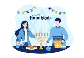 joyeux hanukkah modèle de vacances juives illustration plate de dessin animé dessiné à la main avec menorah, sufganiyot, dreidel et symboles traditionnels vecteur